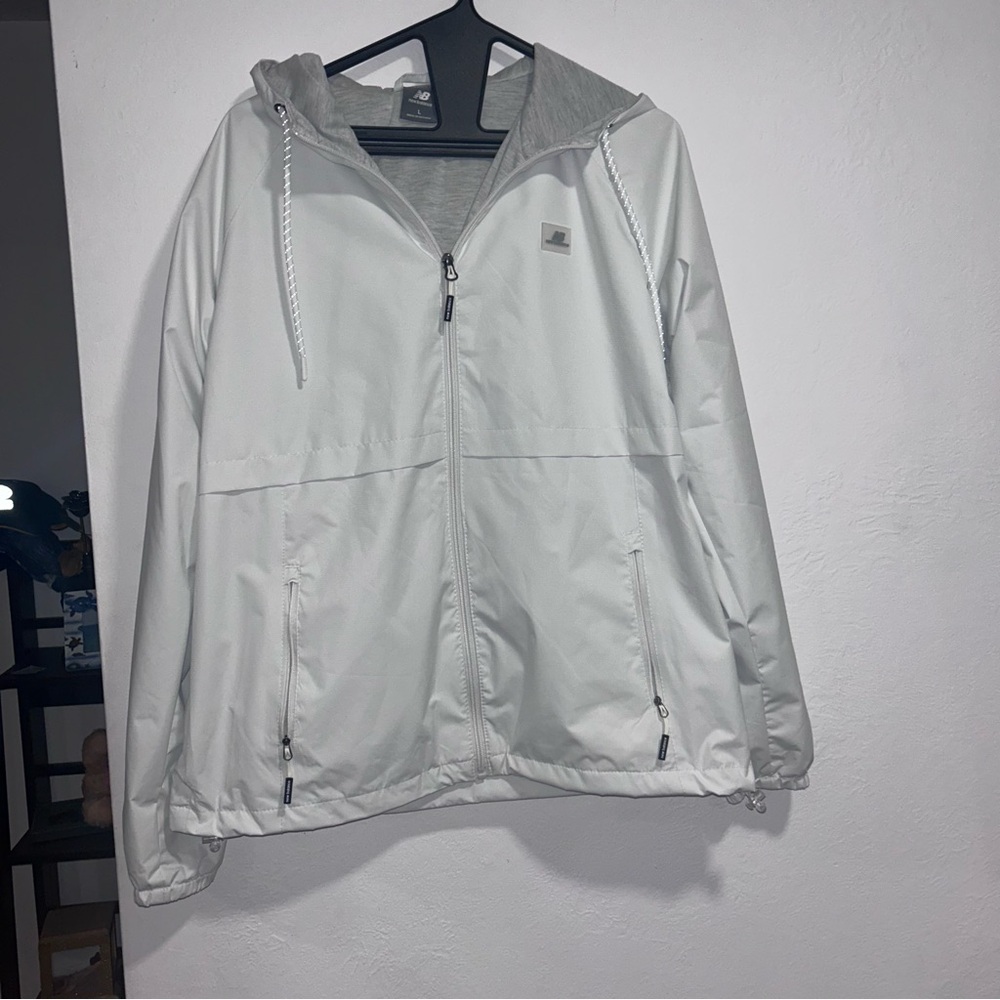 New Balance Light Gray Windbreaker Jacket Full Zip Up With Hood Womens Size L